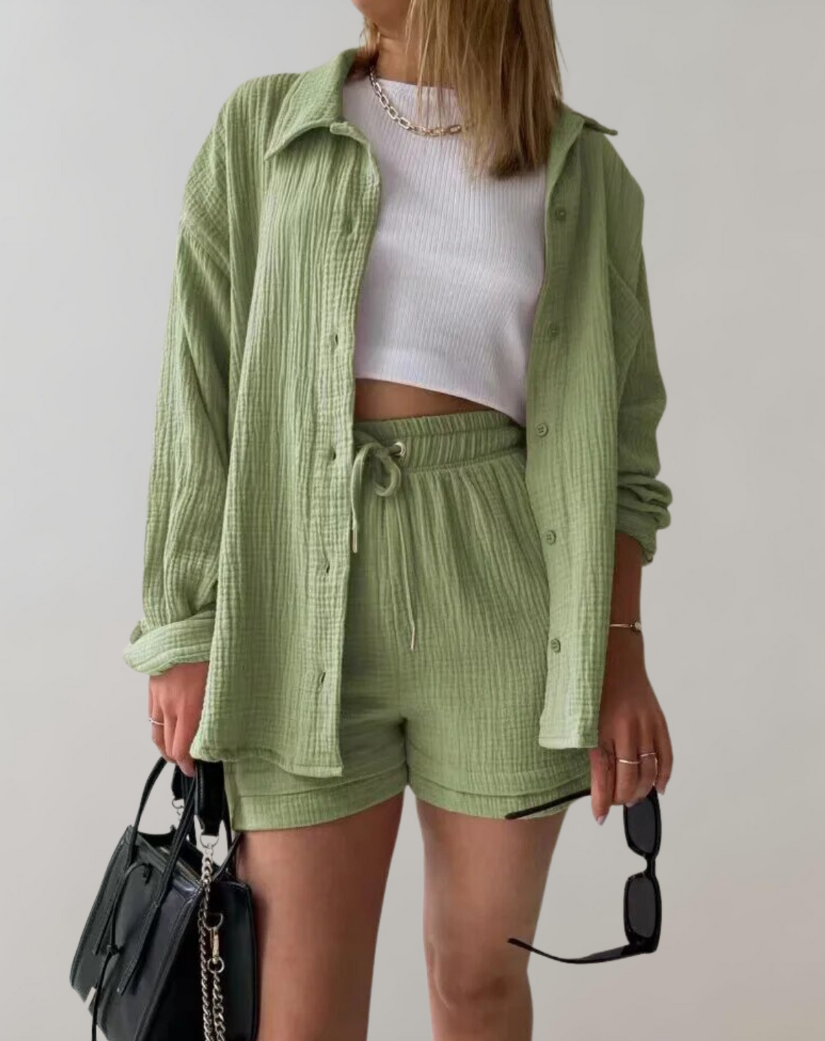 Damen-Nachtwäsche-Set mit Kragen und Shorts aus Gaze-3