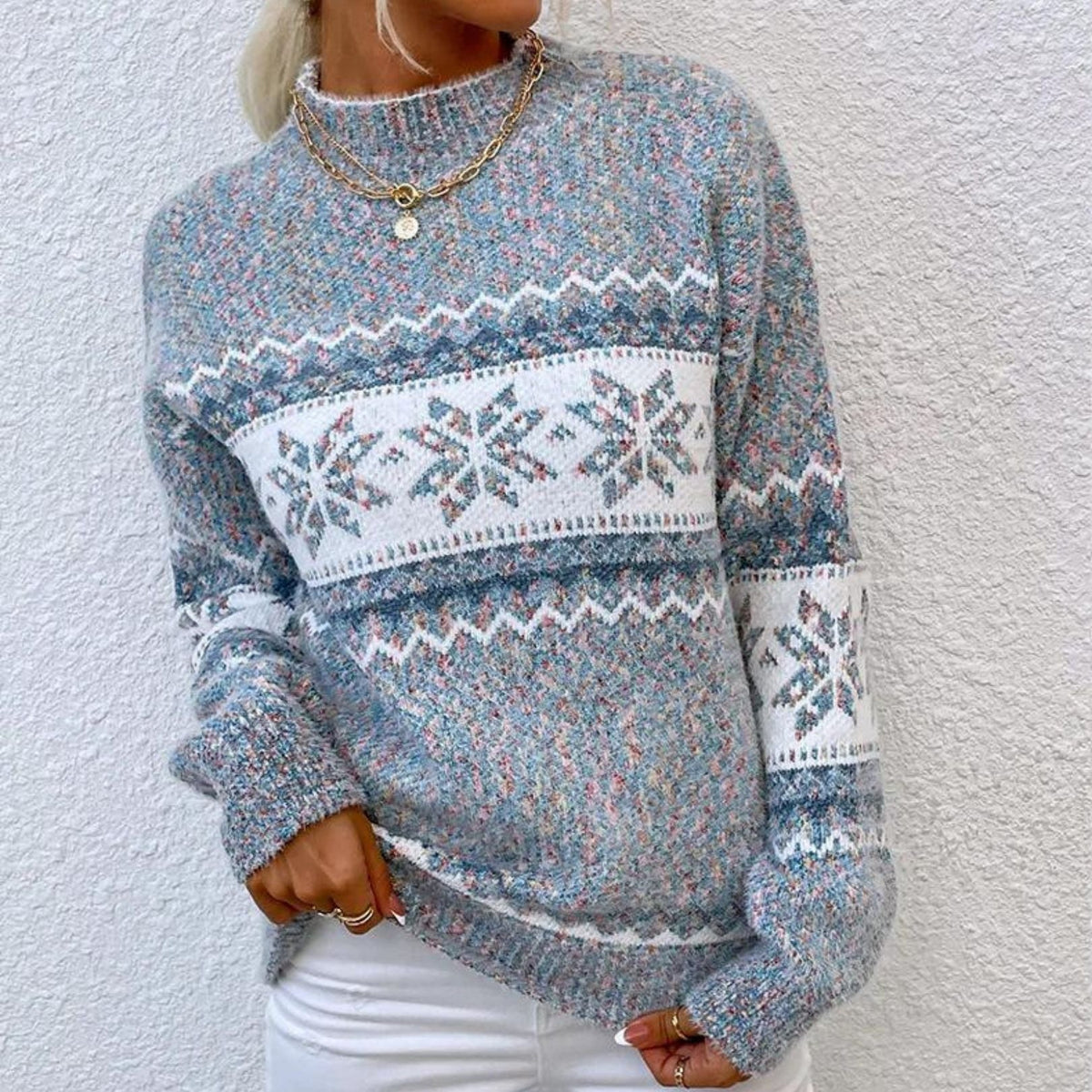 Damen-Pullover, Streetstyle, halboffener Kragen, Polyester, mit Schneeflockenmuster-1