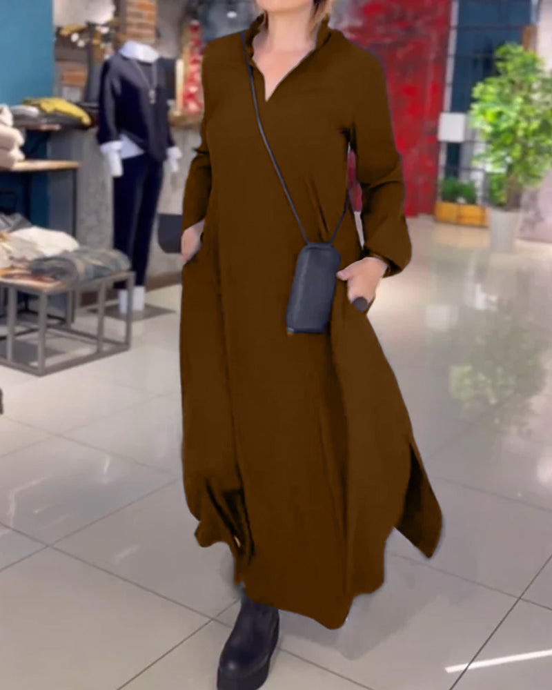 Damen-Maxikleid mit Schlitz aus 100 % Polyester, lange Ärmel, Loose Fit-6