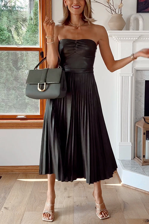 Damen-Midikleid, trägerlos, Kunstleder, schöne Damenkleider-3