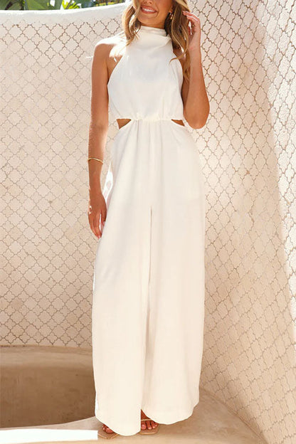 Damen-Jumpsuit ohne Ärmel, mit weiten Beinen und Bindekragen, aus Baumwoll-Polyester – modernes und schickes Outfit 4