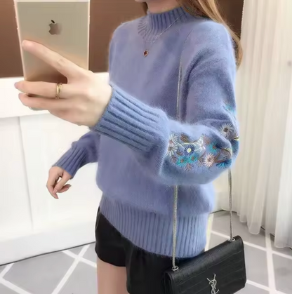 Damen-Strickpullover, Rollkragen, mit Blumen, Stickerei, Acryl und Baumwolle 4