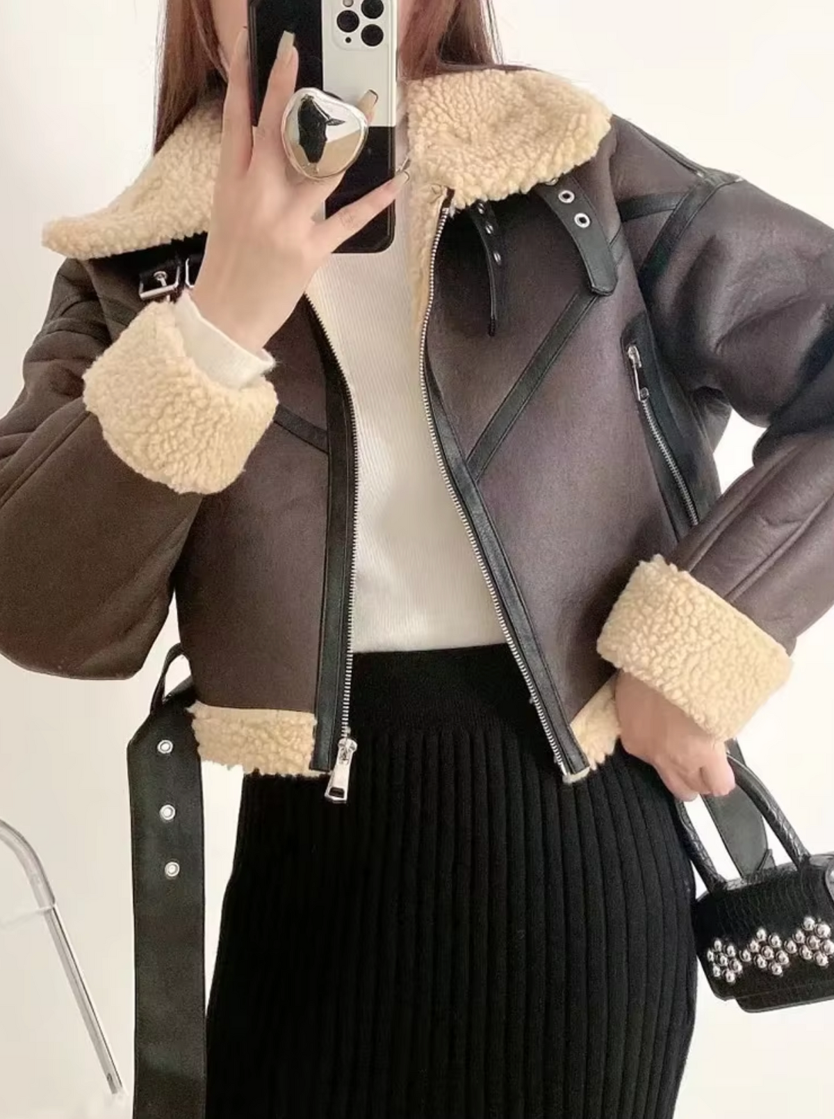 Damen-Fleecejacke, Moto-Stil, mit Gürtel, Kunstfell-1