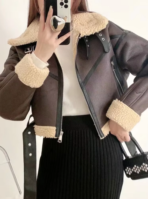 Damen-Fleecejacke, Moto-Stil, mit Gürtel, Kunstfell-1