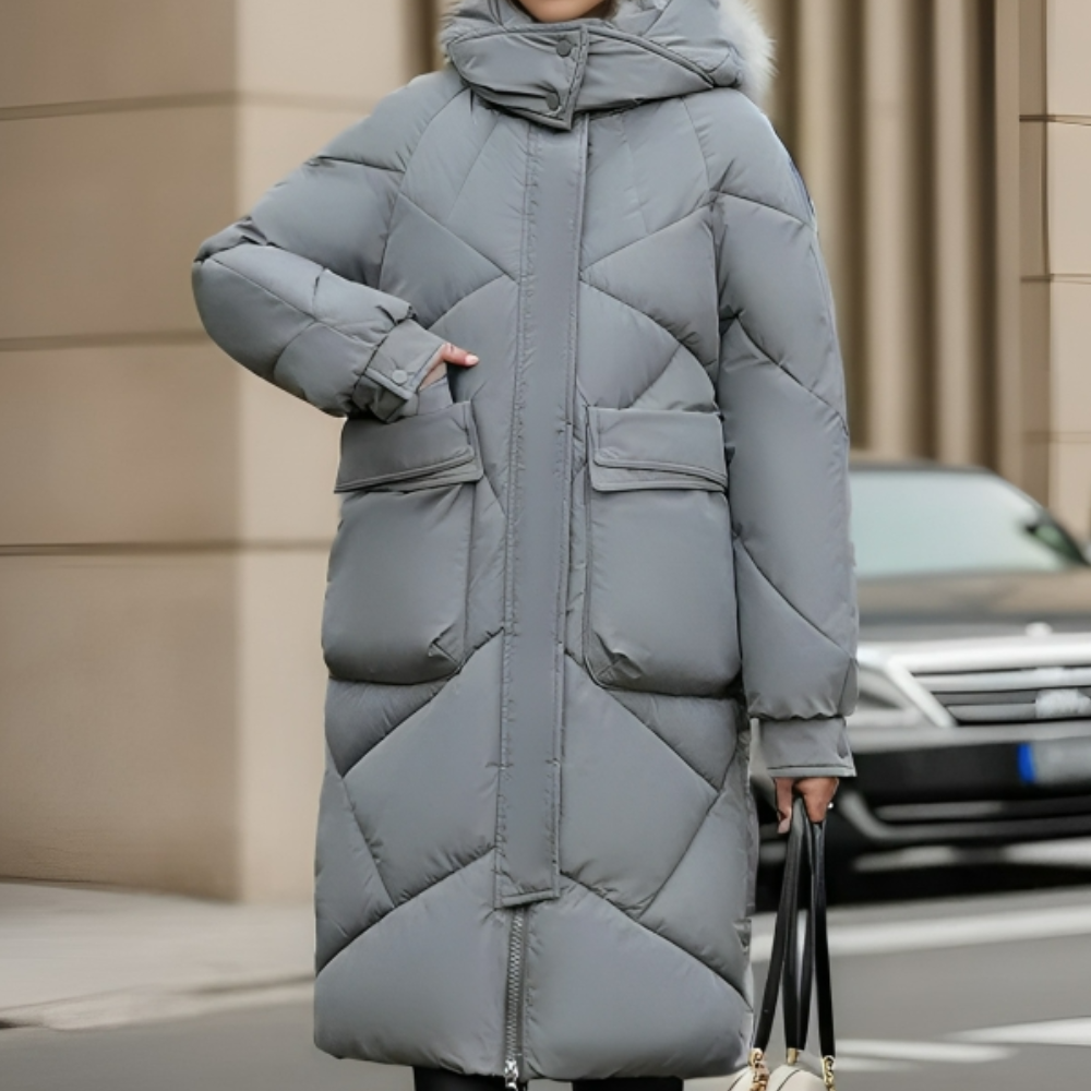 Langer Wintermantel Damen Lässiges Design Polyester mit Taschen-1