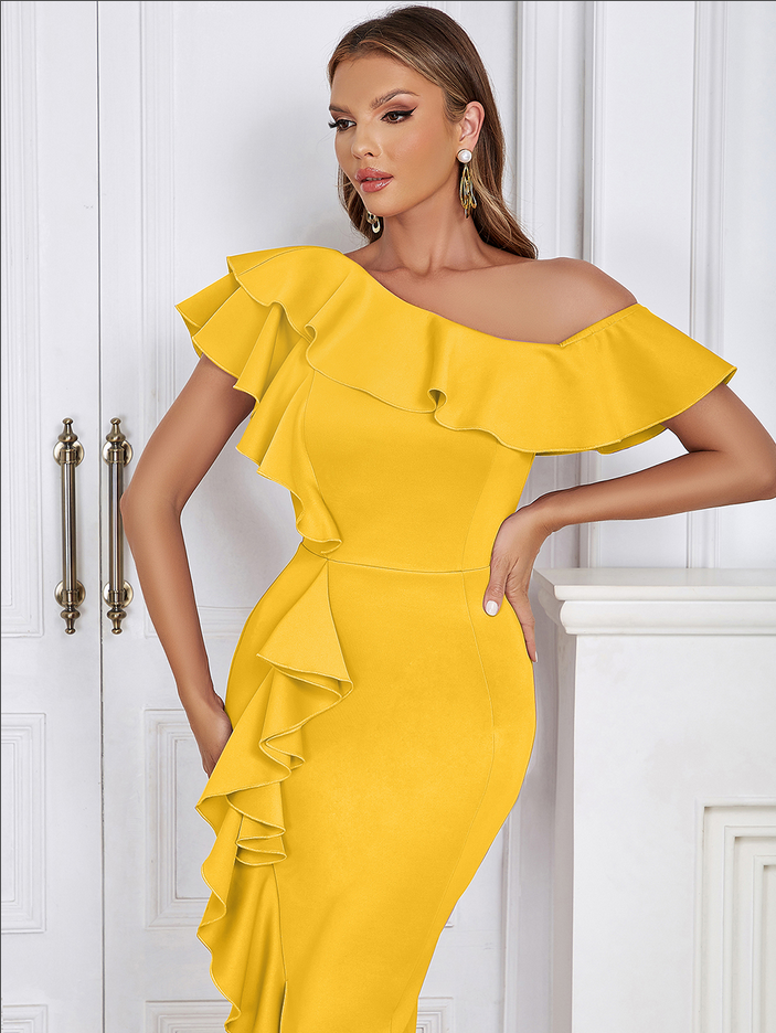 Damen-Midikleid mit asymmetrischem Design und Rüschenkragen - Sonnengelb, figurbetonte Passform, 100% Polyester 5