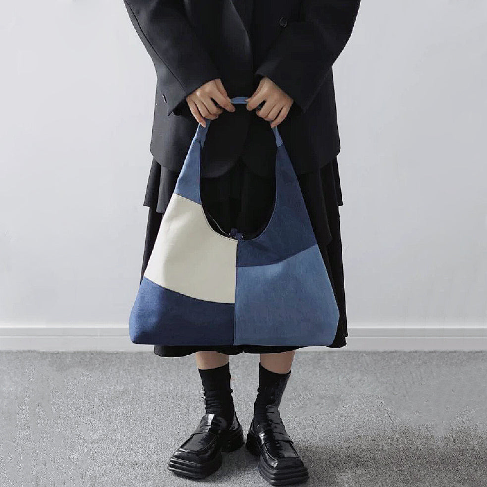 Geräumige Denim-Shoppingtasche für Damen mit Patchwork-Design und Schulterriemen – praktisch und stilvoll 3