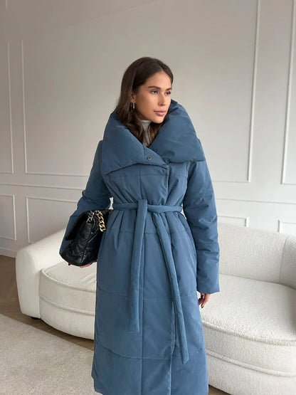 Langer Wintermantel Damen Elegant Breiter Kragen Polyester Wollmischung-4