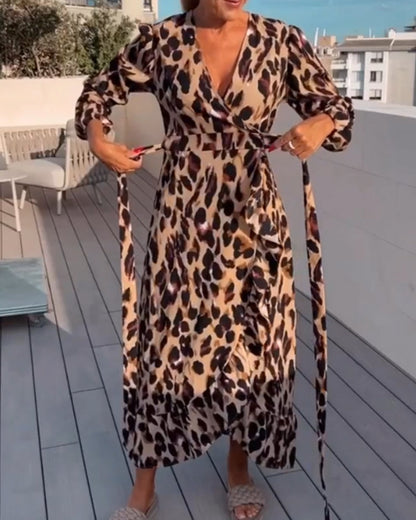 Damenkleid, V-Ausschnitt, Leopardenmuster, fließendes Material-2