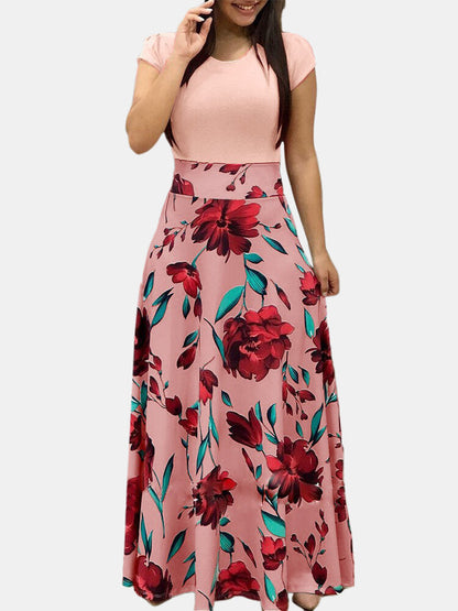 Maxikleid Damen Blumenmuster Rundhals Lang Polyester Sommer 3