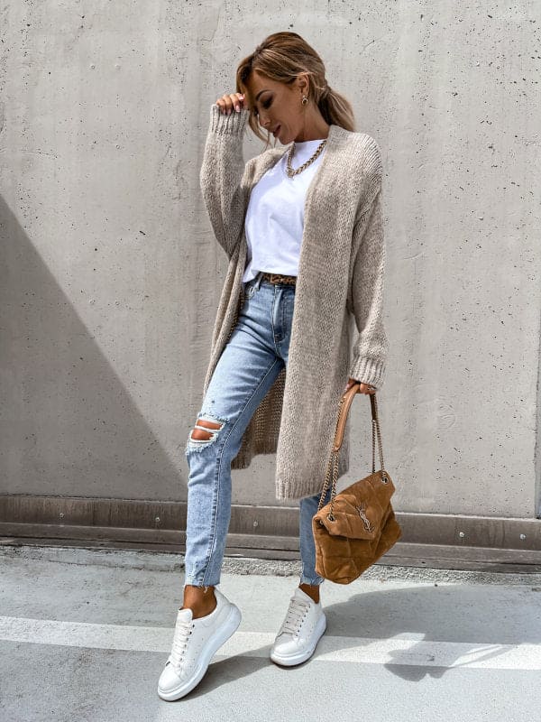 Beige Damen Mantel Oversize Gestrickt Weicher Faser-2