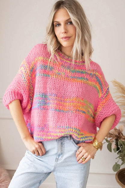 Damen-Strickpullover, bunte Streifen, 3/4-Ärmel, lockere Passform-4