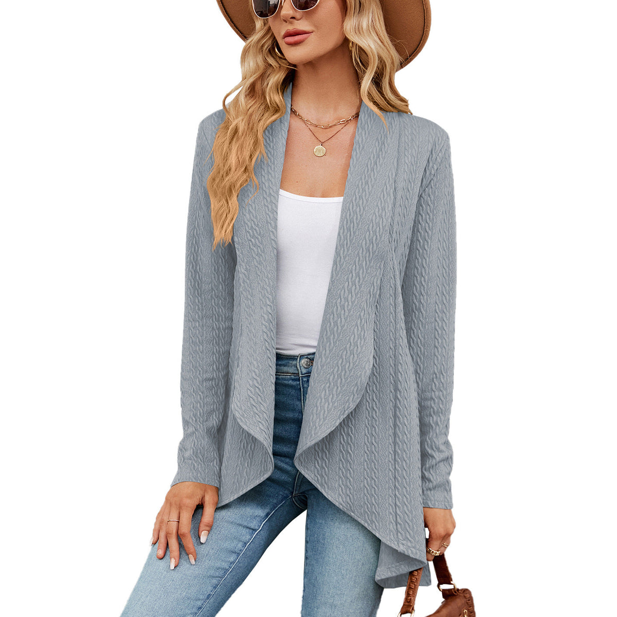 Damen-Strickjacke, lang, gestrickt, monochrom, Acryl-5