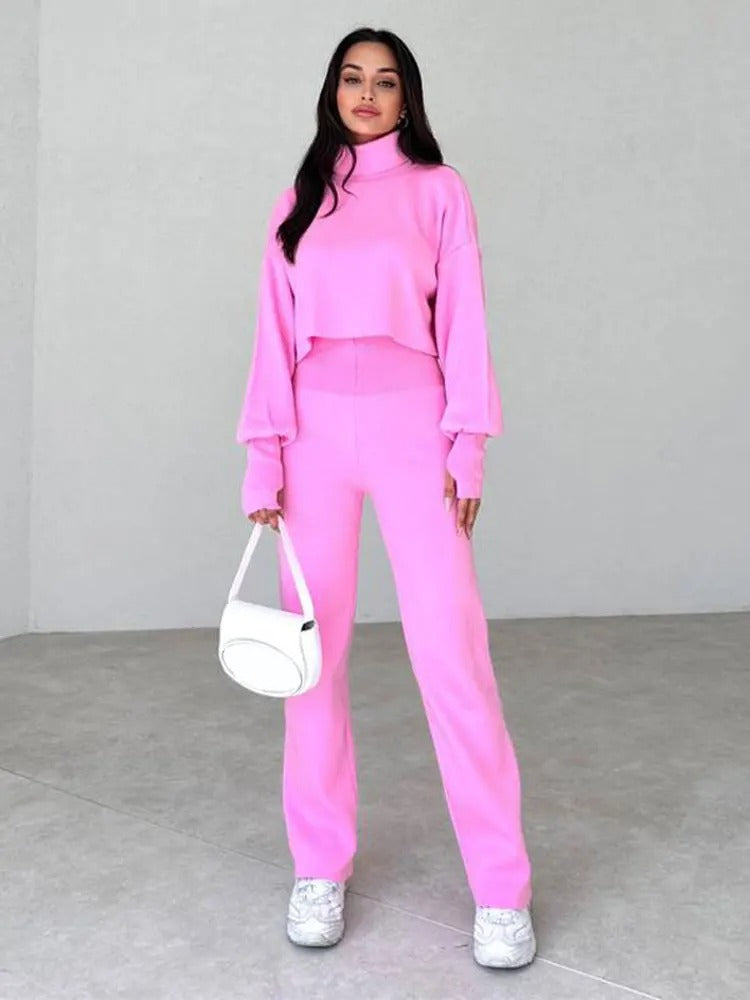 Damen-Rollkragen, Ensemble, kuschelige Hose und Top, weiche Mischung-4