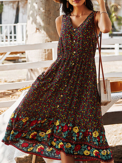 Damen-Midikleid, geblümt V-Ausschnitt, Baumwolle, und Viskose-1
