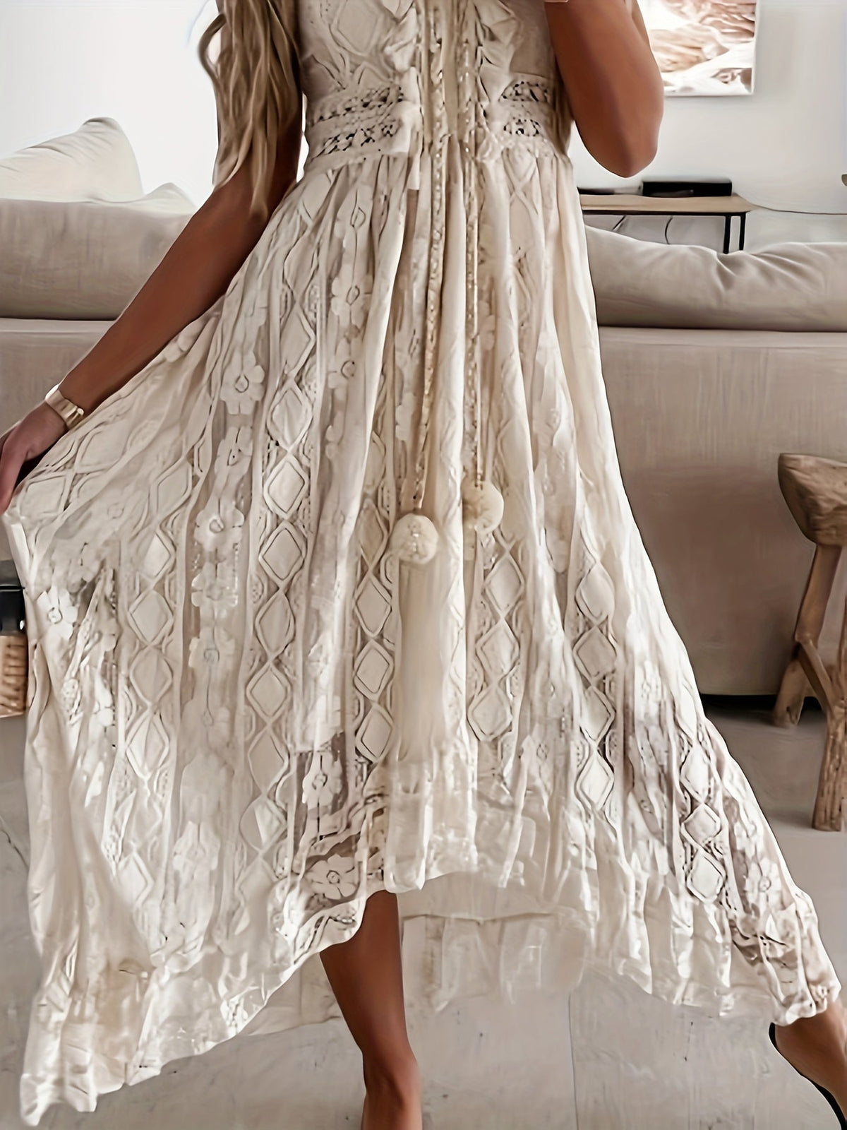 Damen-Maxikleid, V-Ausschnitt, weicher Stoff, Quastenverzierung-3