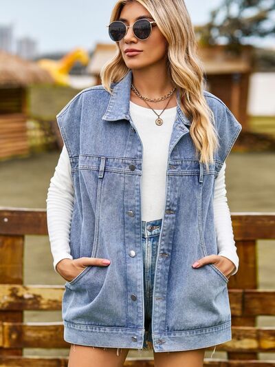 Damen Ärmellose Jeansjacke mit Knöpfe Lockeres Design-6