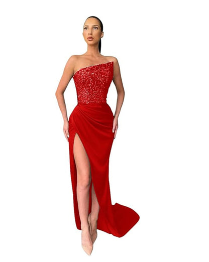 Damen-Abendkleid, schulterfrei, mittlere Länge, Polyester mit Caillettes-5