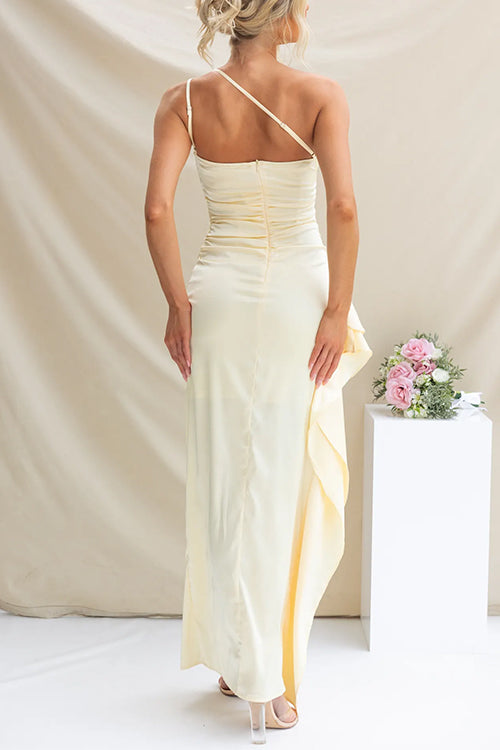 Damen-Maxikleid, Ein-Schulter-Schnitt, geraffte Baumwolle, Polyester-5