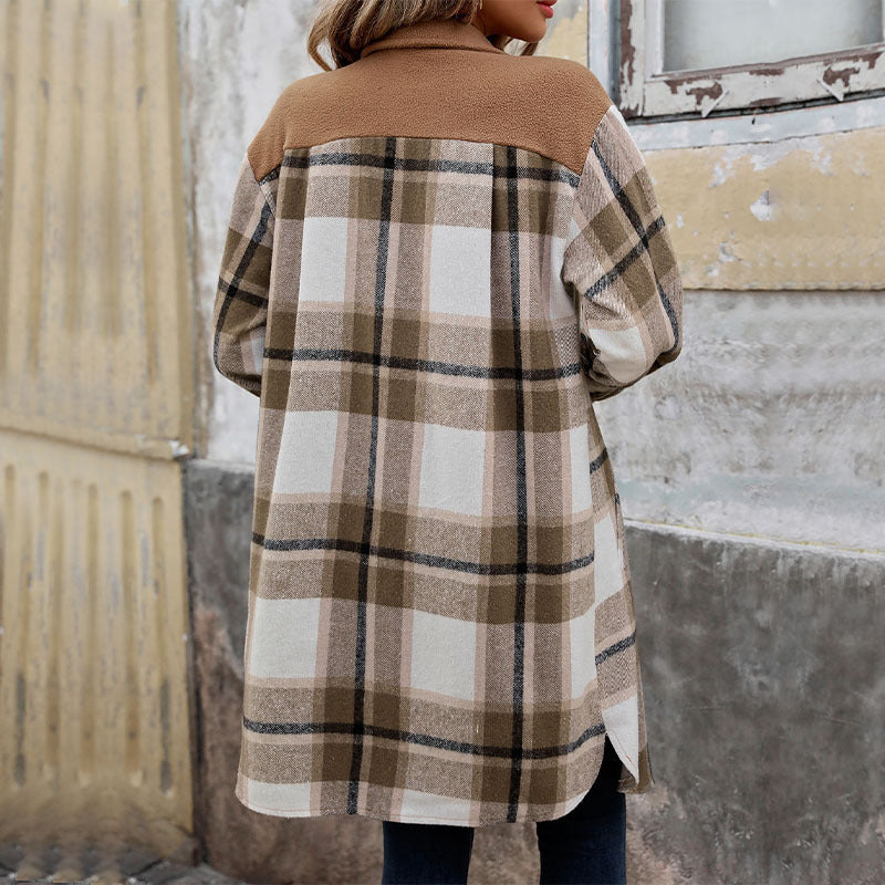 Langer Wintermantel Damen aus weichem Stoff mit Brusttaschen und Knopfverschluss-2