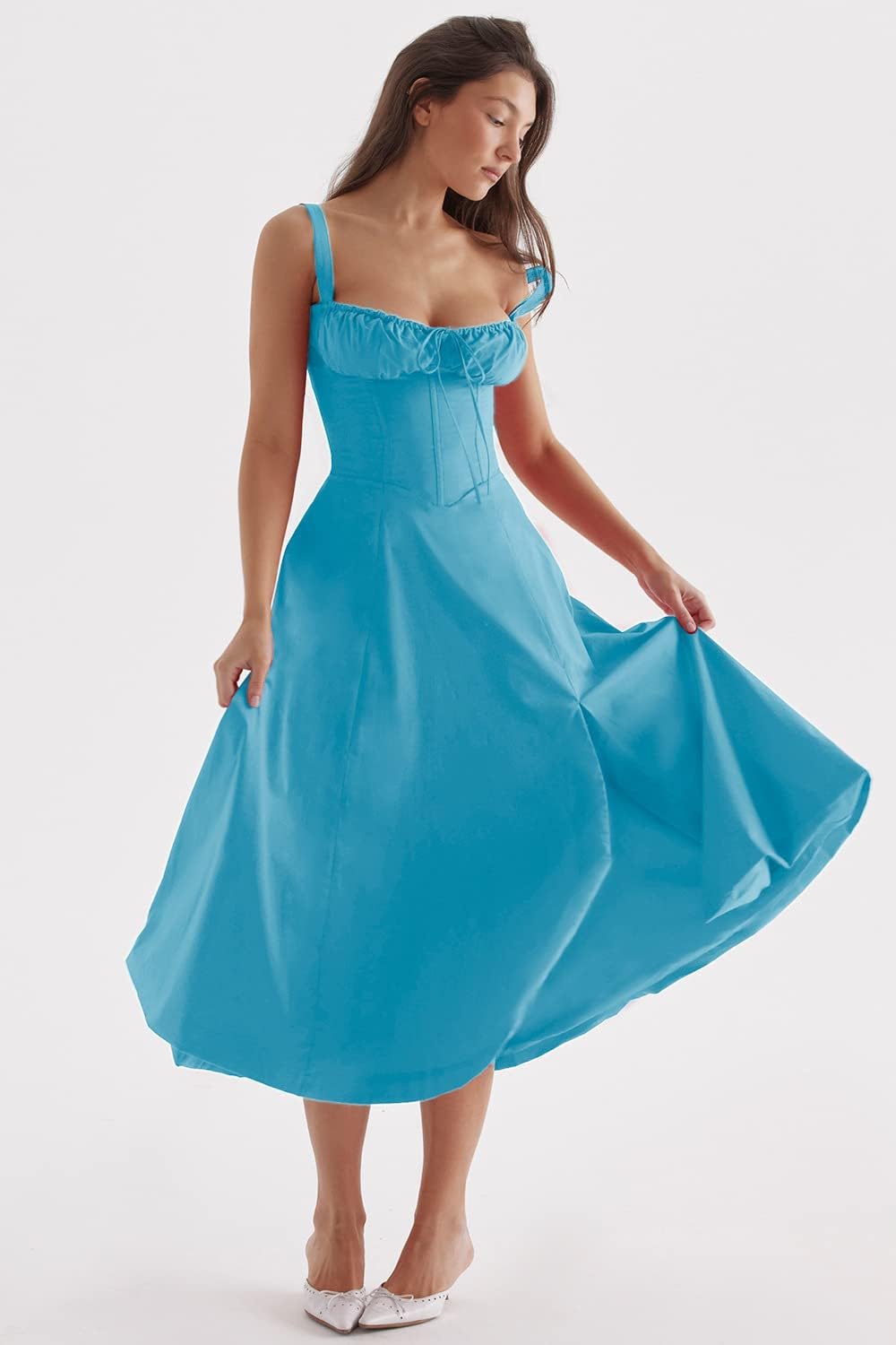 Damen-Midikleid, Spaghettiträger, hochwertiger Stoff-5