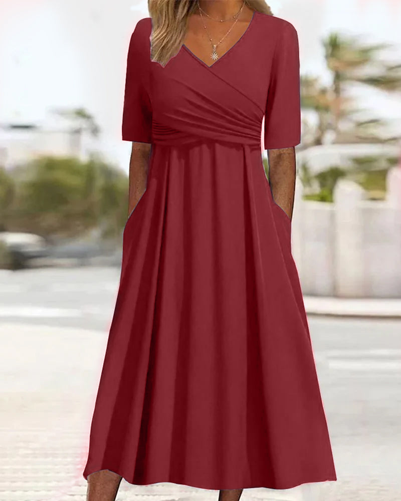 Damen-Midikleid, A-Linie, V-Ausschnitt, Baumwollmischung-3