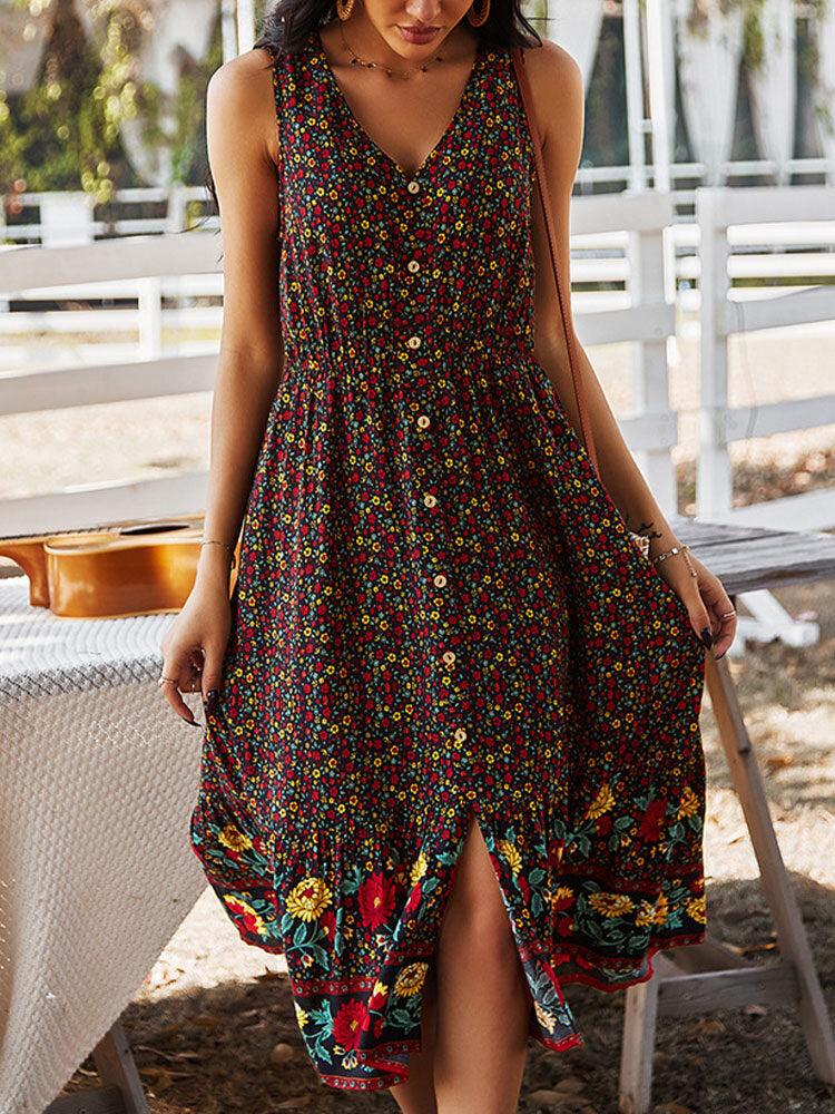 Damen-Midikleid, geblümt V-Ausschnitt, Baumwolle, und Viskose-3
