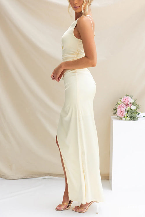 Damen-Maxikleid, Ein-Schulter-Schnitt, geraffte Baumwolle, Polyester-6