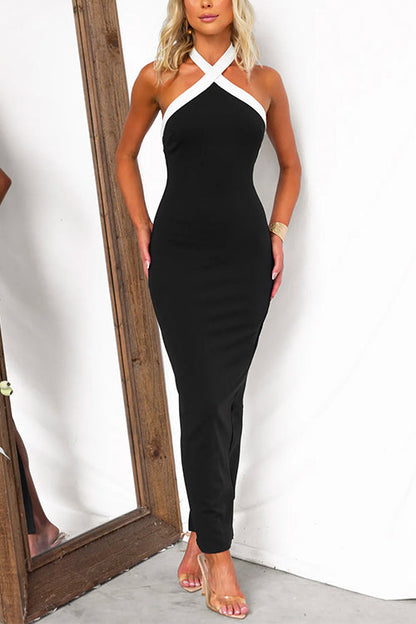 Maxikleid Damen Schulterfrei Farbblock Baumwolle Polyester-1