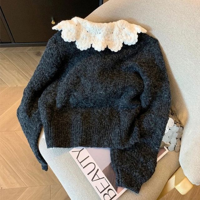 Damen-Strickjacke, kurz, mit Peter-Pan-Kragen und Perlenakzent, weiche Mischung-5