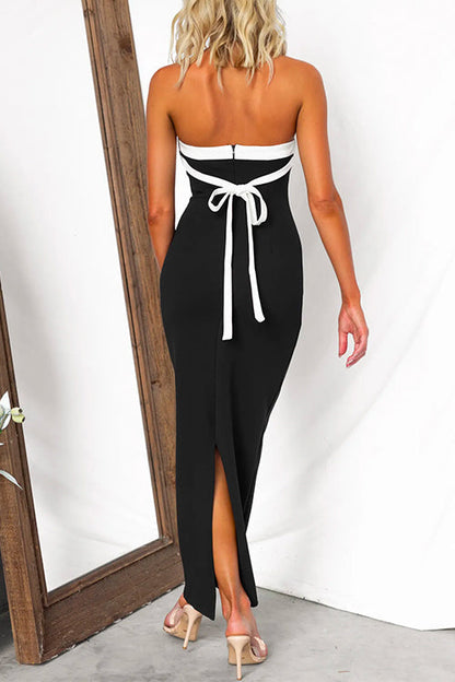 Maxikleid Damen Schulterfrei Farbblock Baumwolle Polyester-3