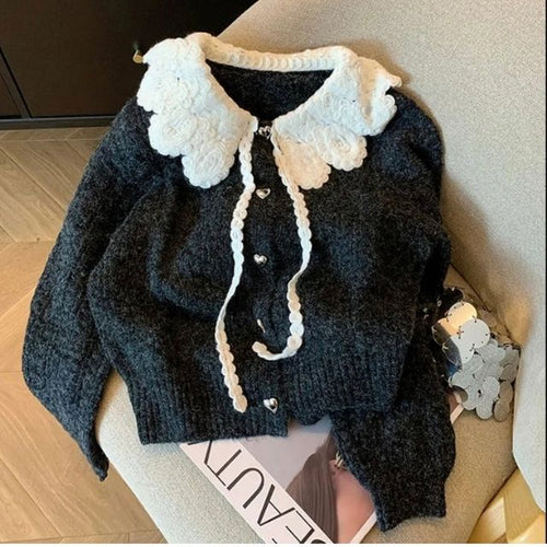 Damen-Strickjacke, kurz, mit Peter-Pan-Kragen und Perlenakzent, weiche Mischung-1