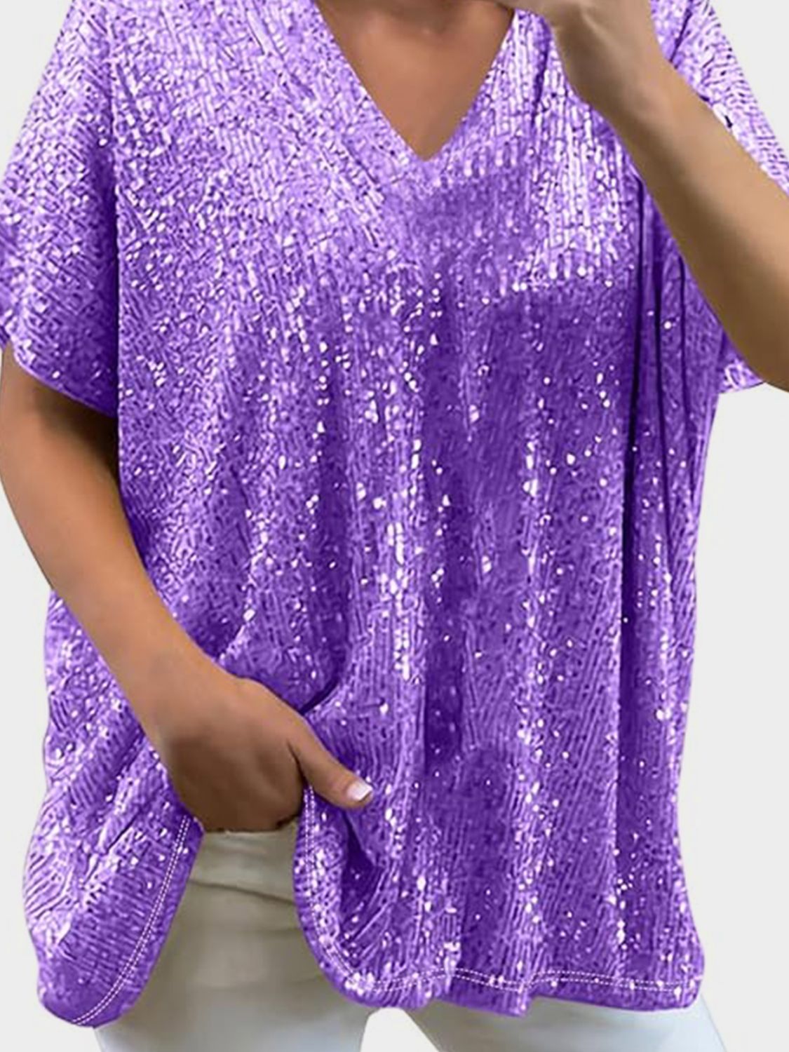 Variant image for Damen-kurzärmelige Bluse, V-Ausschnitt, mit Pailletten, aus Polyester-49