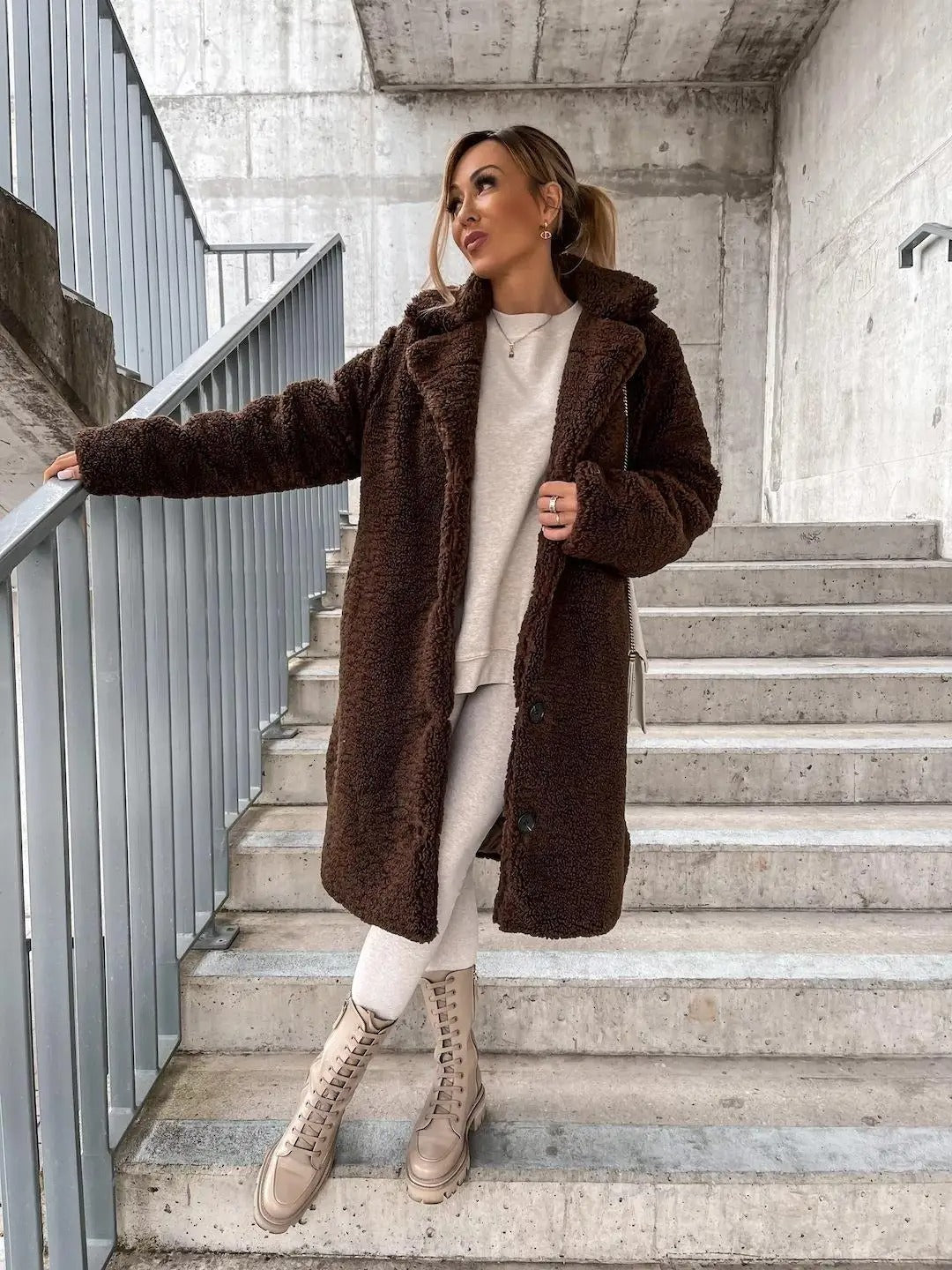Damen-Mantel Lang Slim Fit Fleecemantel Weiches Polyester-6