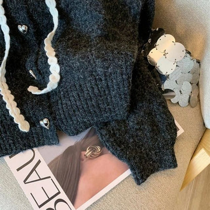 Damen-Strickjacke, kurz, mit Peter-Pan-Kragen und Perlenakzent, weiche Mischung-2
