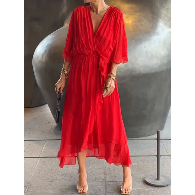 Damen-Chiffonkleid, V-Ausschnitt, asymmetrisch, fließendes Material 15