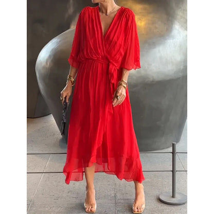 Damen-Chiffonkleid, V-Ausschnitt, asymmetrisch, fließendes Material 15