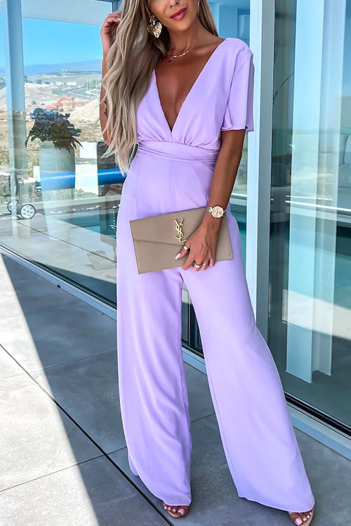 Damen-Jumpsuit Tiefer V-Ausschnitt Geraffte Ärmel Baumwollmischung-5