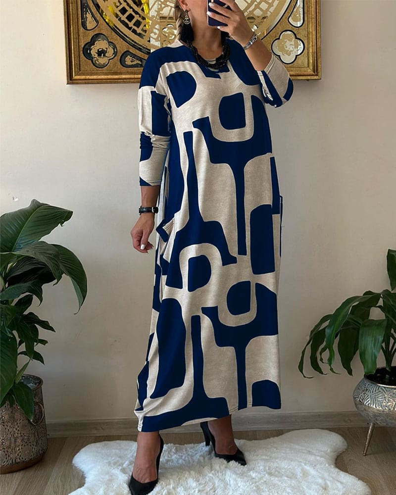 Maxikleid Damen Geometrisches Design Langarm Leicht Stoff mit Taschen-3