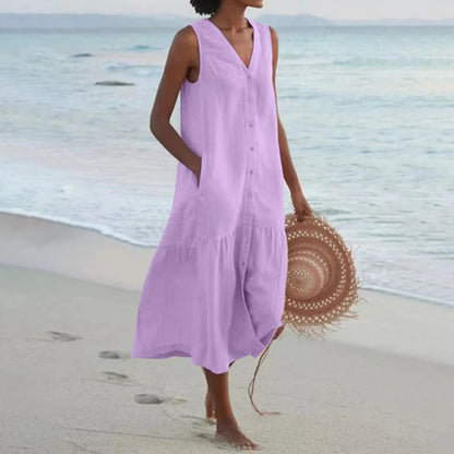 Variant image for Damen-Kleid, V-Ausschnitt, leichtes Leinen, elegantes Design, knielang-25