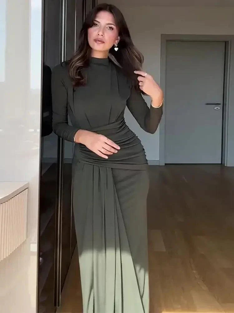 Damen-Bodycon-Kleid, drapiert, langärmeliger hochwertiger Stoff-2