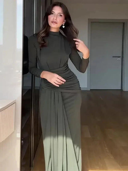Damen-Bodycon-Kleid, drapiert, langärmeliger hochwertiger Stoff-2