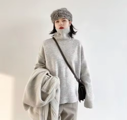 Damen-Strickpullover mit Rollkragen aus weicher Baumwolle – monochromes Design mit breiter Passform für Herbst und Winter 4