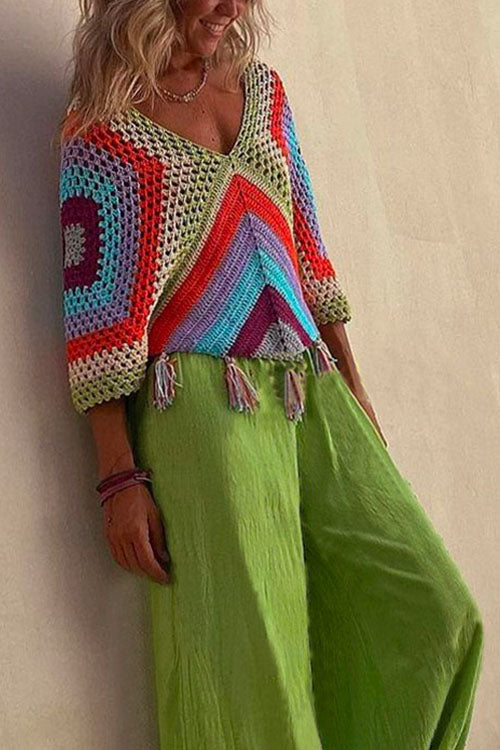 Variant image for Damen V-Ausschnitt Top Fransen-Details Baumwolle Polyester Regenbogenfarbenes Blockdesign-1