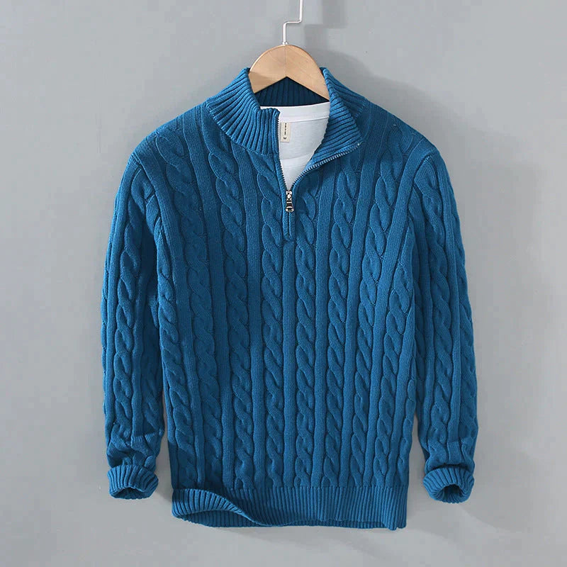 Herren-Pullover, Half-Zip, Flechtmuster, Baumwoll und Wollmischung-4