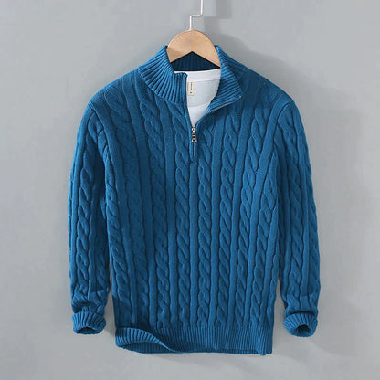 Herren-Pullover, Half-Zip, Flechtmuster, Baumwoll und Wollmischung-4