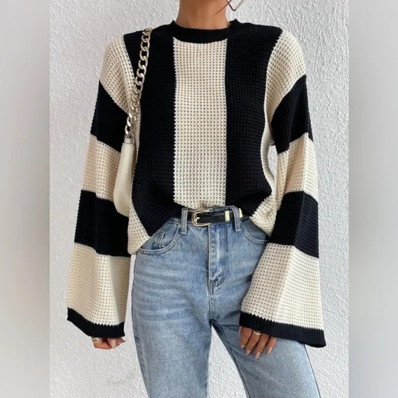 Damen-Strickpullover, Rollkragen, gestreiftes weiches Material-6