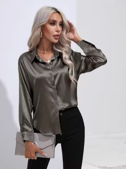 Damenbluse Langarm Satin eleganter V-Ausschnitt-5
