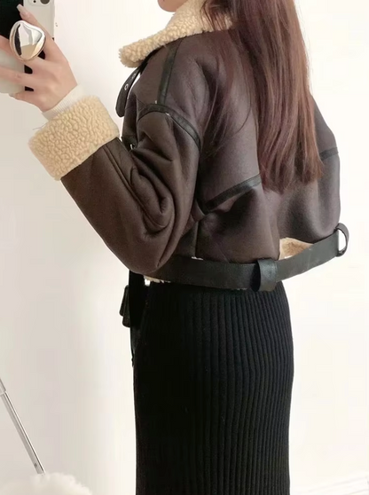 Damen-Fleecejacke, Moto-Stil, mit Gürtel, Kunstfell-3