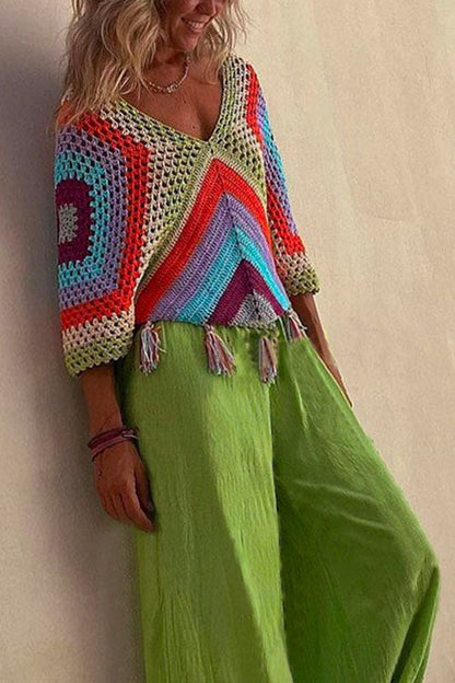 Damen V-Ausschnitt Top Fransen-Details Baumwolle Polyester Regenbogenfarbenes Blockdesign-2